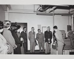 Officials receive tour of new Pacific Telephone and Telegraph Company building at 125 Liberty Street, Petaluma, California, 1951