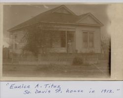 Eunice A. Burgess Titus on her front porch, 526 South Davis Street, Santa Rosa, California, 1912