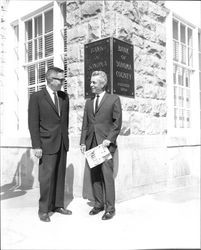 Hal Trebe and Jack Long outside the Bank of Sonoma County, Sebastopol, California, October 1, 1965