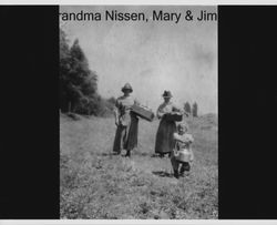 Susana Greay Nissen (Susan Gray Nissen) with someone named Mary and Susana's son, Jim Nissen, Sonoma County, California, about 1921