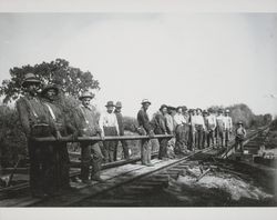 Building a railroad trestle over the Laguna de Santa Rosa east of Sebastopol, California, about 1900