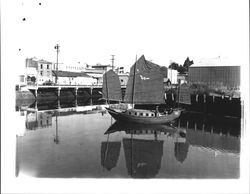 Chinese junk moored in the Petaluma River, Petaluma, California, 1960