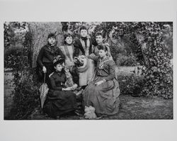 Group of six ladies, all Mills College graduates, in the park, c. 1893