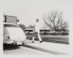 Arne Stig walking in front of building at 4000 Montgomery, Santa Rosa, California, 1962