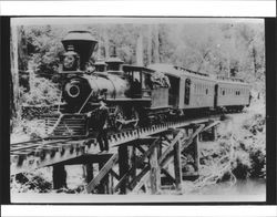 North Pacific Coast Railroad train crossing Elim trestle near Cazadero, California, 1890