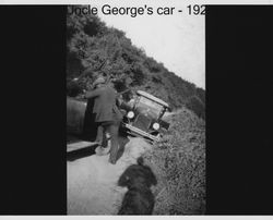 George Nissen's car stuck in the ditch beside an unidentified Sonoma County, California road, 1924