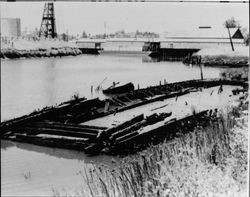 Burnt and rotting hull of the paddle wheeler "Petaluma", Petaluma, California, about 1960