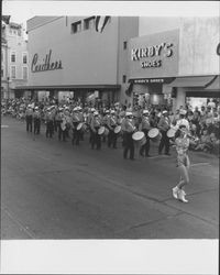 Majorettes and bands in the Sonoma-Marin Fourth District Fair Parade, Petaluma, California, 1955