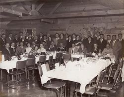 Retirement dinner for longtime A. F. Tomasini Hardware employee Clarence Braren, April 1, 1952 at the Green Mill Inn, Penngrove, California