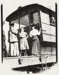 McNear ladies on a Petaluma and Santa Rosa Railway Company car stopped at the Forestville Station, California, about 1910