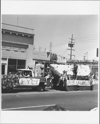 Wally Watermelon parade float, Old Adobe Fiesta parade, Petaluma, California, about 1965