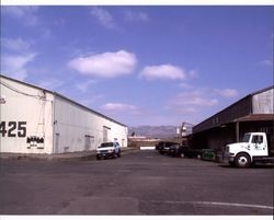 Looking down G Street toward the Petaluma River and Sunset Line & Twine with warehouses at 425 First Street on the left and 429 First Street on the right, California, Sept. 25, 2001