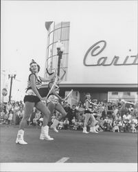 Baton Twirlers march in the Sonoma-Marin Fourth District Fair parade, Petaluma, California, 1955