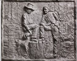 Clay miniature of bronze plaque depicting Robert Louis Stevenson and Petrified Charlie, about 1953