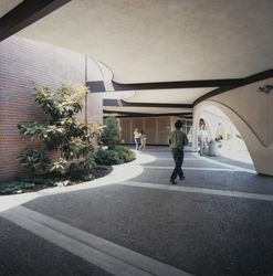 Covered walkway between buildings at Santa Rosa Junior College, Santa Rosa, California, late 1970s