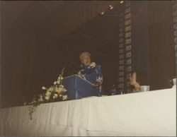 Helen Putnam giving a speech, Petaluma, California, 1984