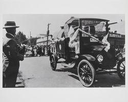 Car decorated for an unidentified parade in downtown Petaluma, California, about 1923
