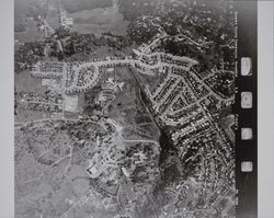 Aerial view of the Sonoma County Community Hospital complex and residential subdivisions Santa Rosa, California, 1950s