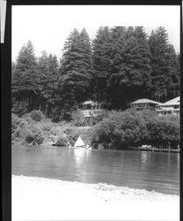 Canoe with sail on the Russian River at Monte Rio, Sonoma County, California, July 1949