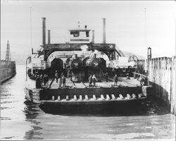 Southern Pacific train transfer ferry "Contra Costa" arrives at the Port Costa slip, about 1925