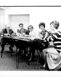 Miss Sonoma County candidates being interviewed by a panel, Santa Rosa, California, 1969