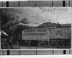 Smoke billows out of Main Street buildings during the Gem Theatre fire, Petaluma, California, Aug. 17, 1917