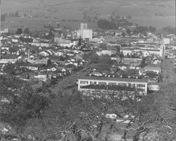 Panoramic view of Petaluma, California, about 1942, looking eastward from a hill above Petaluma High School