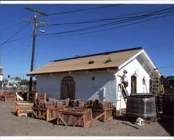 Exterior view of the Petaluma Northwestern Pacific Railroad baggage building in Petaluma, California, during rehabilitation, Oct. 9, 03