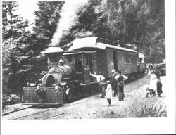 Coffee Grinder hauling a passenger train, Guerneville, California, 1904