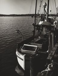 Fishing boat the "Audrey" docked in Bodega Harbor, Westshore Road, Bodega Bay, California, about 1970