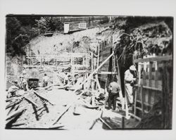 Workers and retaining wall forms on the site of reconstruction of St. Elizabeth's, Guerneville, California, 1935