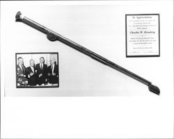 Symbol of office of Alcalde Honorario de Santa Rosa Mejor presented to Charles Reinking, Santa Rosa, California, 1965