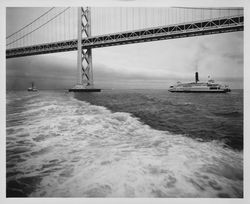 Ferries on San Francisco Bay underneath the San Francisco-Oakland Bay Bridge, San Francisco, California, 1939