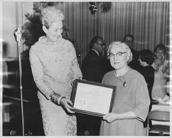 Helen Putnam presenting certificate of service award to Edna Bovett, Petaluma, California, 1966