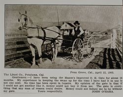 Lloyd gate at John O'Hara Ranch in Penngrove, California, as shown in the Lloyd Co. catalog for 1912