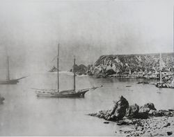 Two masted schooners moored in the Fort Ross Cove, Fort Ross, California, about 1900