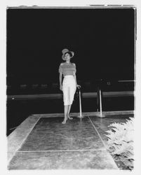 Fringed of-the-shoulder top and capris modeled at the Sword of Hope fashion show at the Flamingo Hotel, Santa Rosa, California, June 18, 1960