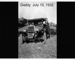 Russell Nissen posing in front of his car July 10, 1932 in Petaluma, California