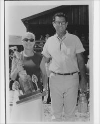 Hugh and Nell Codding, winners of first annual mayor's milking contest, Petaluma, California, 1968