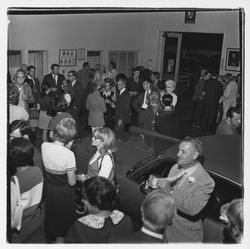 Ed Zumwalt and attendees at the Zumwalt Chrysler-Plymouth Center Open House, Santa Rosa, California, 1971