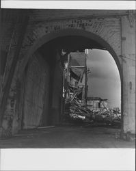 View of the dismantling of the Golden Eagle Milling Company warehouse, Petaluma, California, 1965