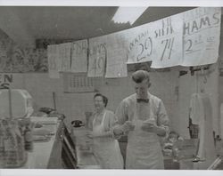 Helen and Charlie Minetti at Brookside Terrace Market, 1416 Sonoma Avenue, Santa Rosa, California, 1949