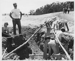 Miwok sweathouse under construction for display at the Old Adobe Fiesta, Petaluma, California, about 1963