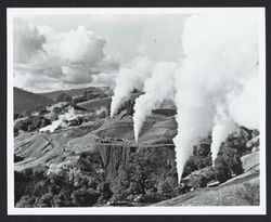 View of geysers venting steam at The Geysers