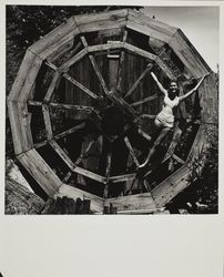 Grist wheel at the Hall of Flower at the Sonoma County Fair, Santa Rosa, California, 1958