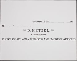 David Hetzel invoice, Guerneville, California, about 1911