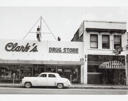 Clark's Drug Store and the Little Hill Restaurant buildings, Petaluma, California, about 1954