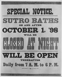 Sign announcing the closing of the Sutro Baths at night, San Francisco, California, 1898