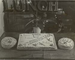 Happy birthday and anniversary cake for the Victory Lunch, 409 4th Street, Santa Rosa, California, between 1943 and 1944