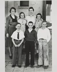 Book Week group standing in front of Petaluma Carnegie Library, 20 Fourth Street, Petaluma, California, 1936